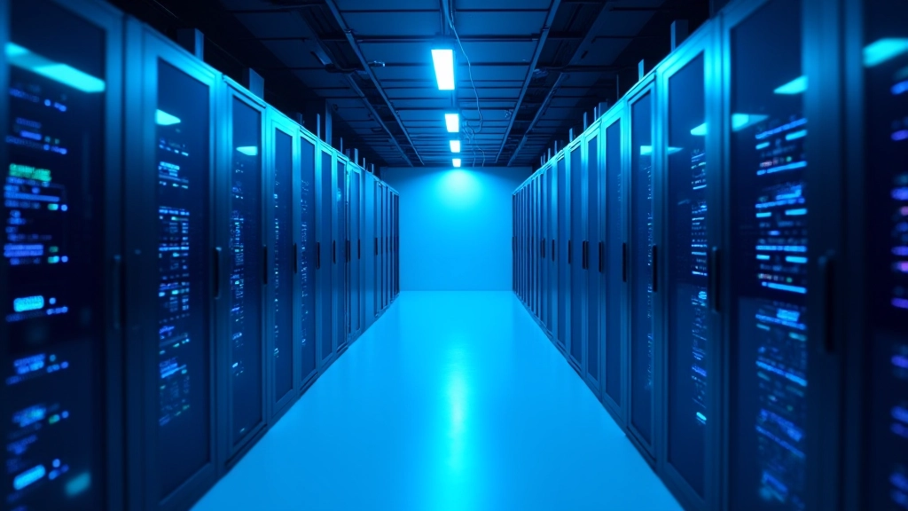 Šiuolaikinė serverio patalpa su mėlynomis LED šviesos juostomis, serverių eilės